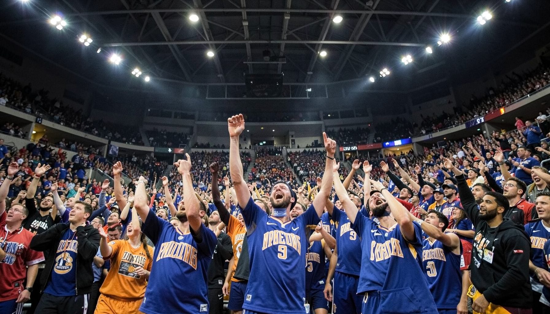 A packed college basketball arena with fans in team colors cheering under bright overhead lights.