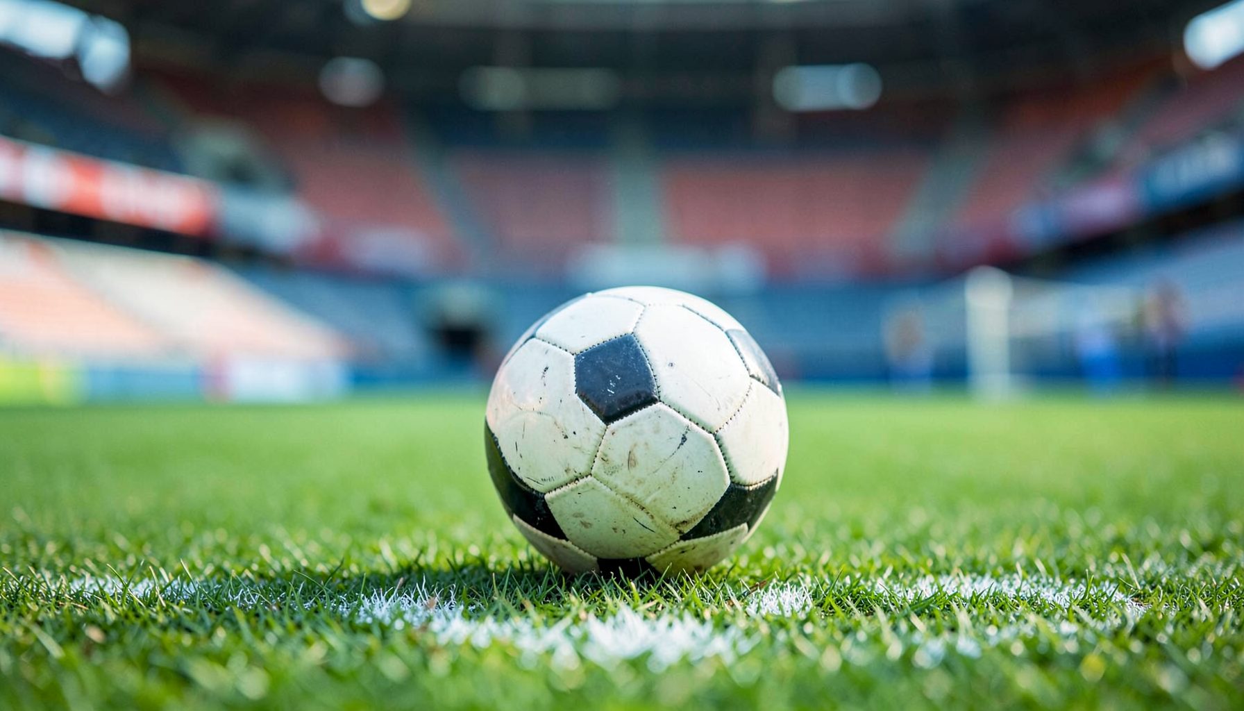 A soccer ball on the center circle of a grass pitch with stadium seating visible in soft focus behind it.