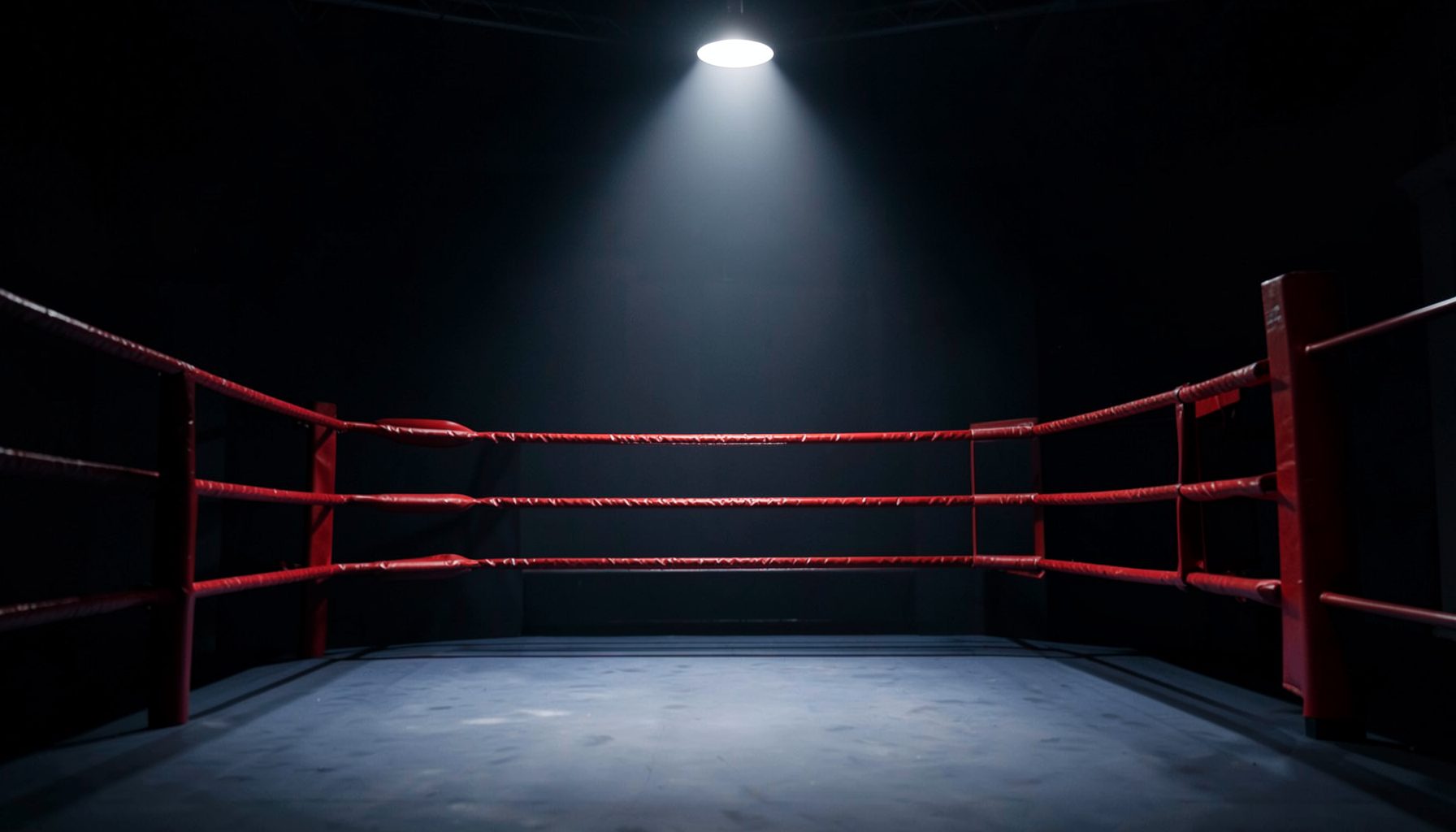 An empty boxing ring with red ropes and corner posts under a single overhead spotlight, dramatic mood.