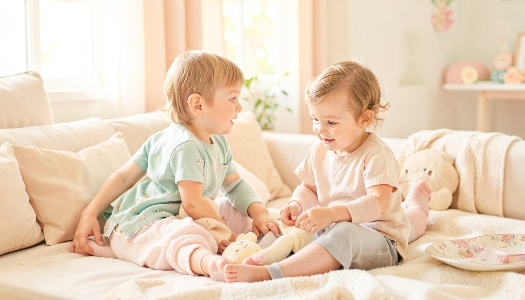 Bright family-oriented scene with soft natural light and pastel tones, warm and cheerful mood