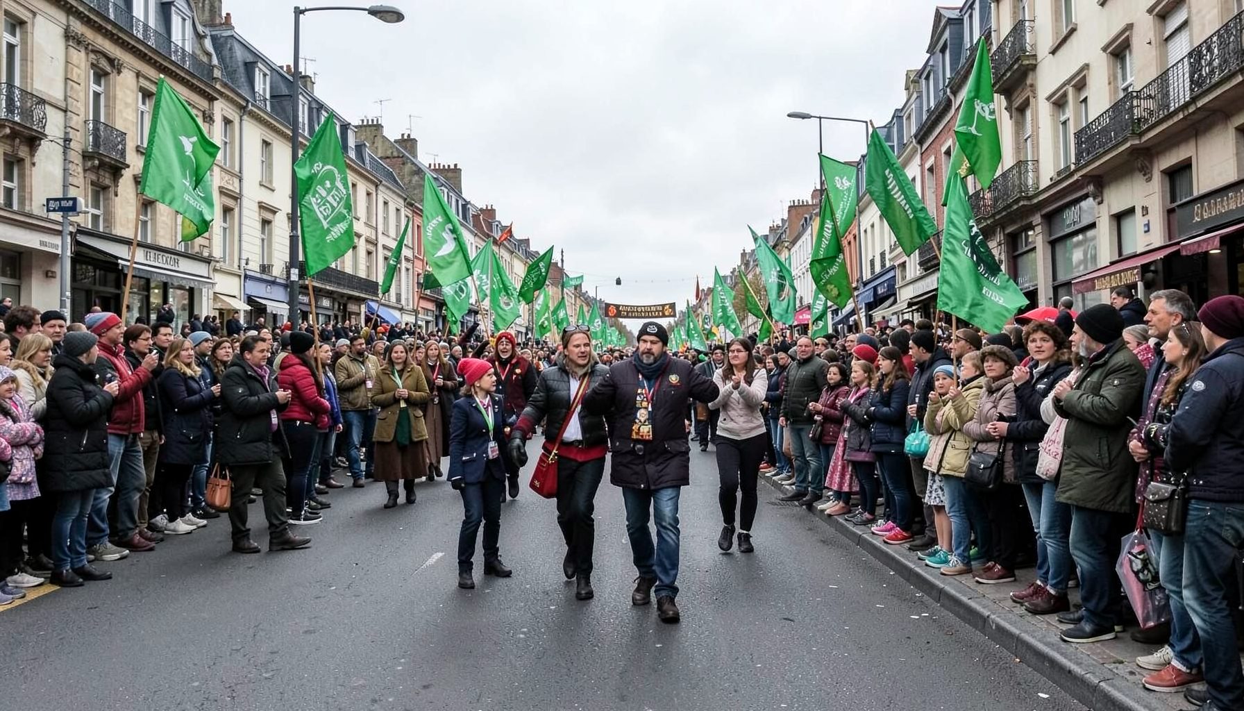 Festive parade street with green banners and a crowd lining the sidewalks under overcast sky