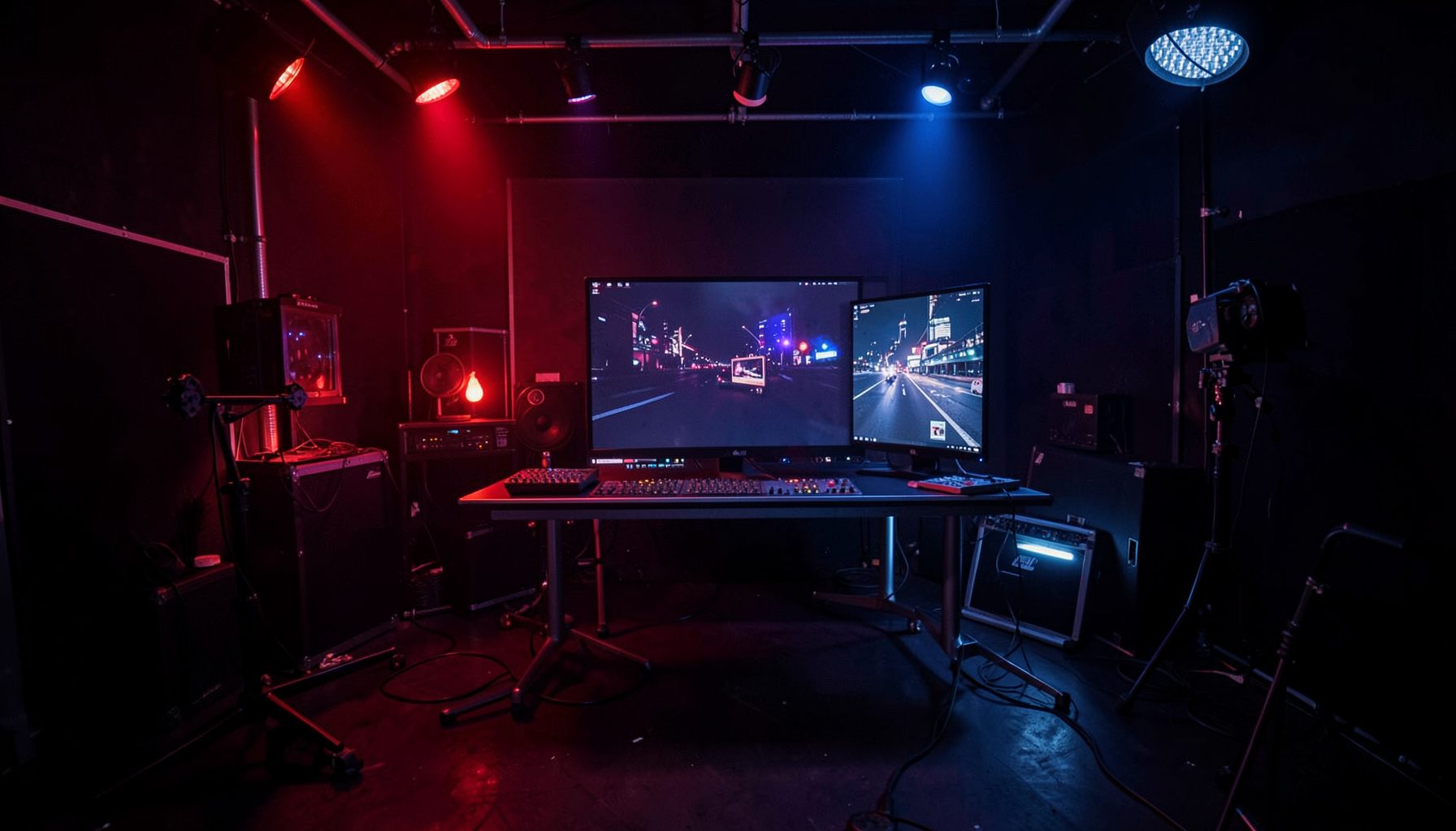 Dark studio room with dual computer monitors on a desk, red and blue stage lighting, audio equipment around