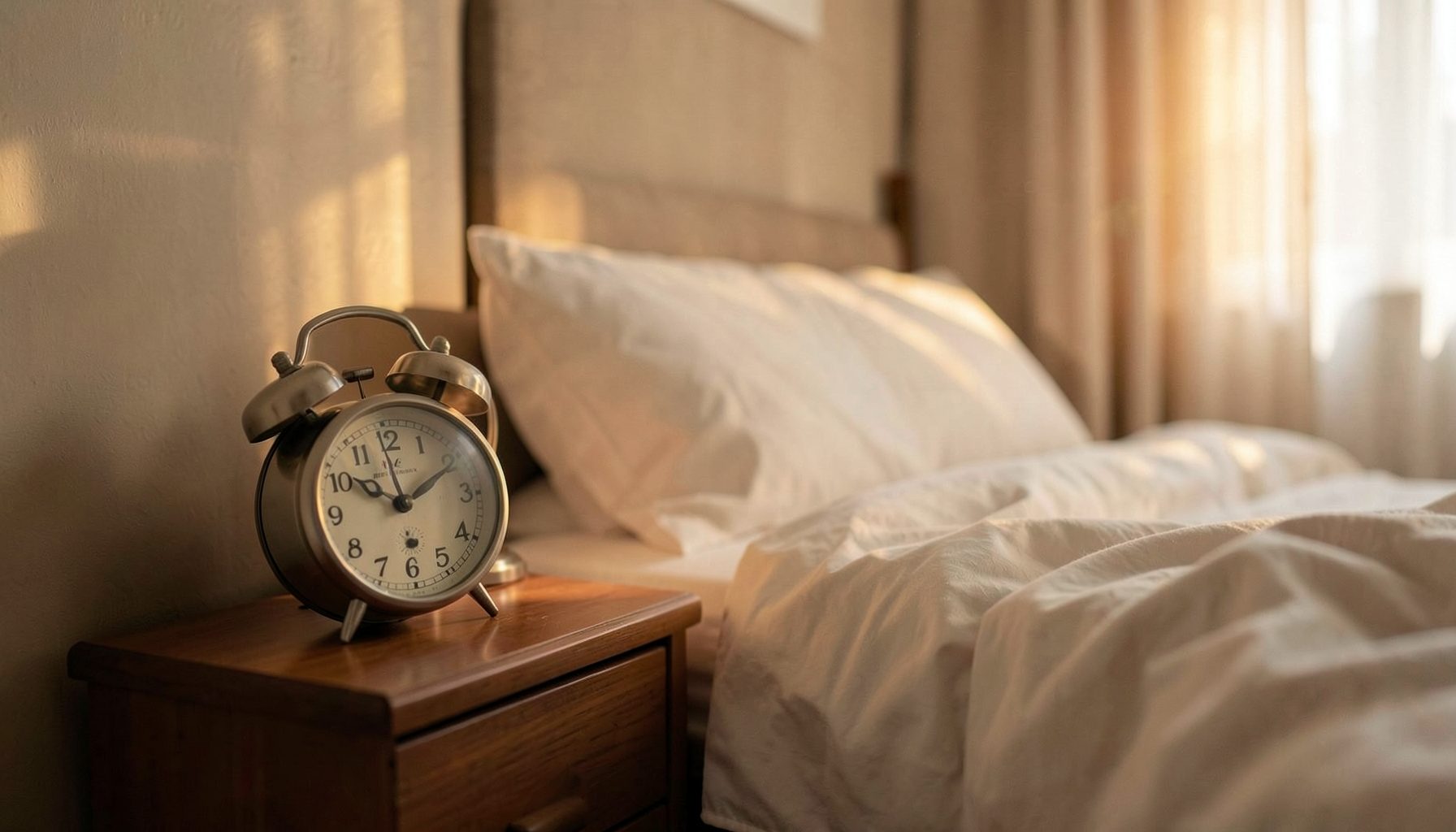 Vintage alarm clock on a wooden nightstand beside a sunlit bed with white linens