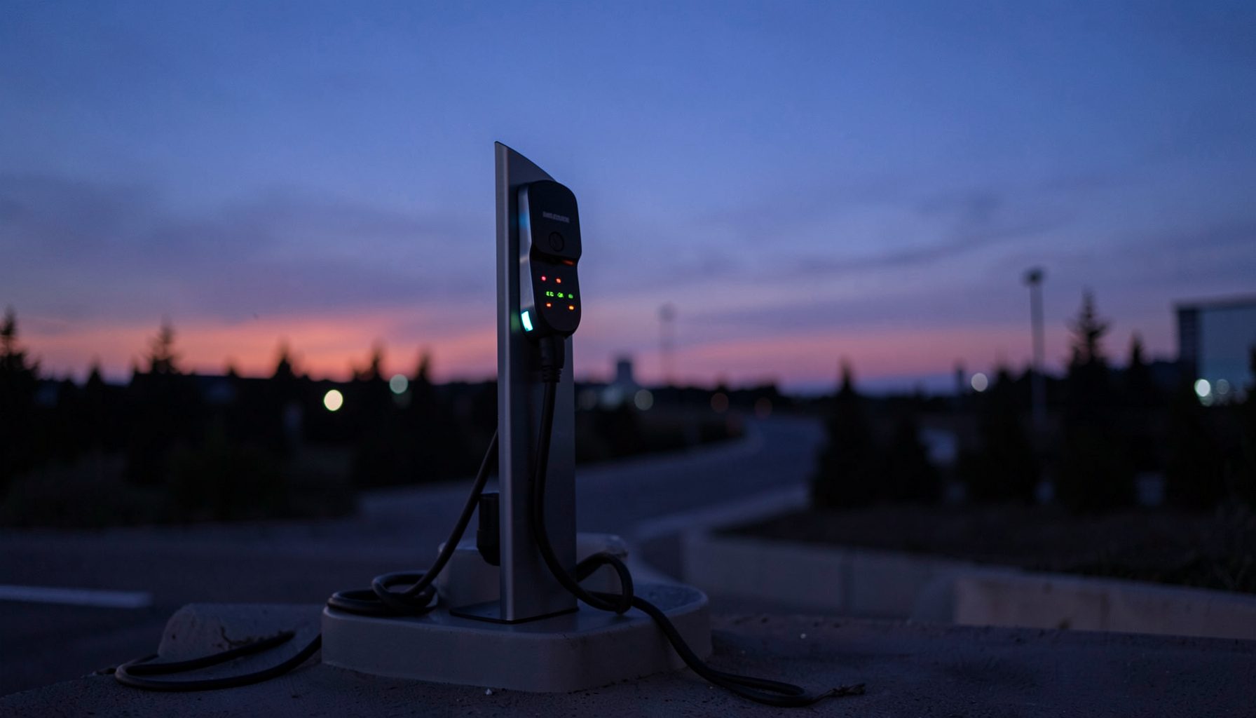 A charging station with illuminated indicator lights outdoors at dusk, colorful sunset sky and silhouetted trees
