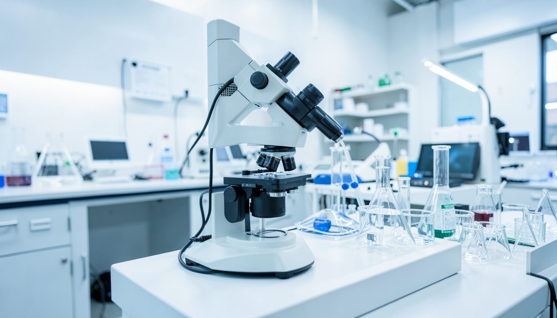 Laboratory scene with a microscope and glass flasks on a white counter, blue-tinted lighting