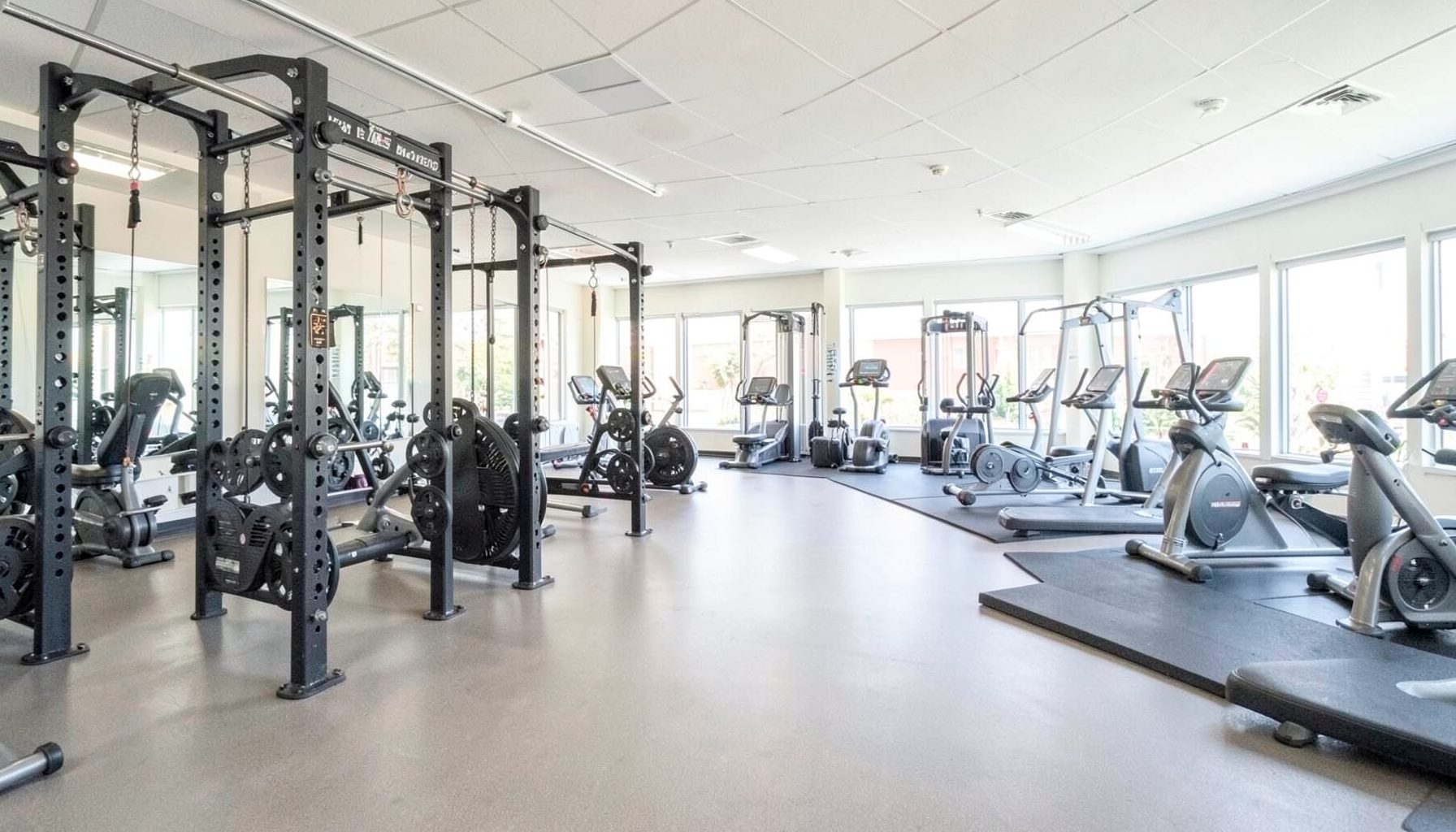 Empty gym room with weight racks and cardio machines near large windows, neutral tones