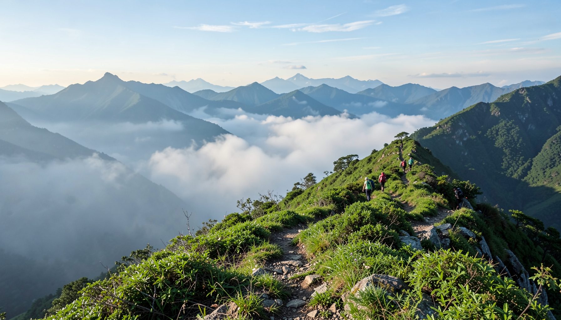 Hikers walking along a green ridge trail above a sea of clouds with distant mountain ranges under a clear blue sky