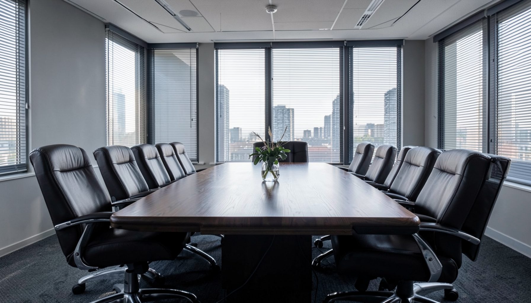 Empty modern conference room with a long wood table and black leather chairs, city skyline visible through windows