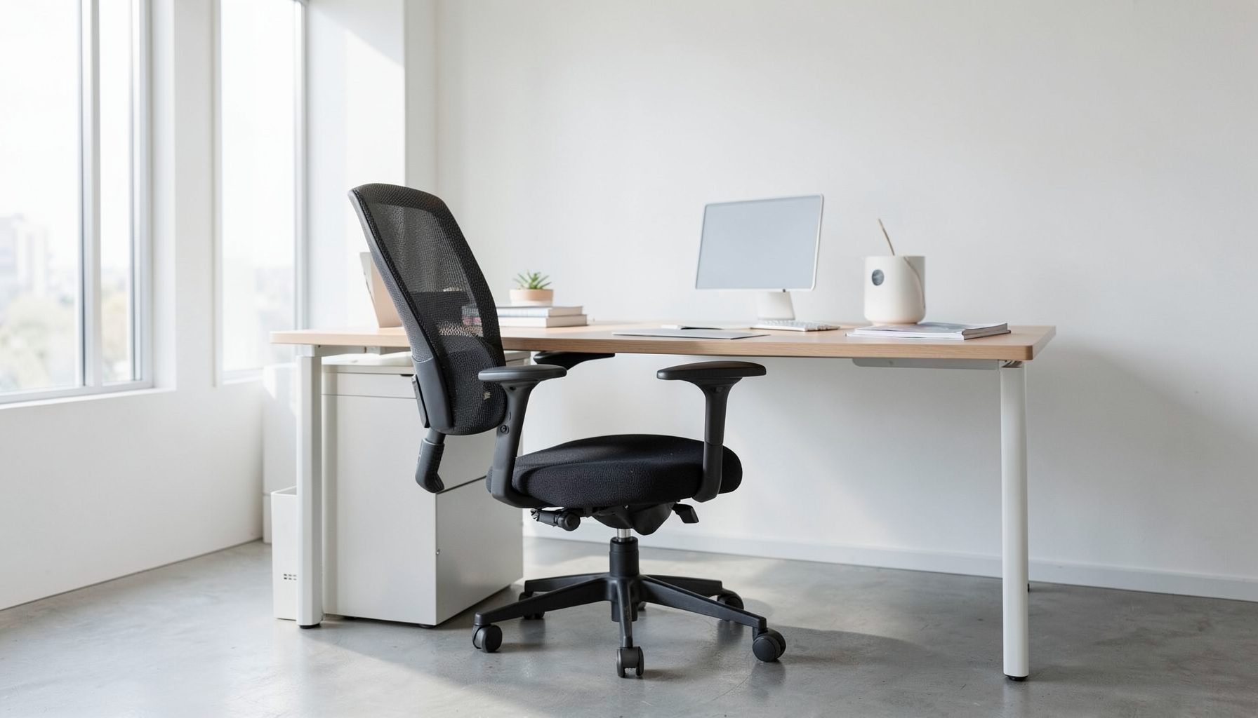 A minimalist office desk with a black ergonomic chair, monitor, and small plant against a white wall.