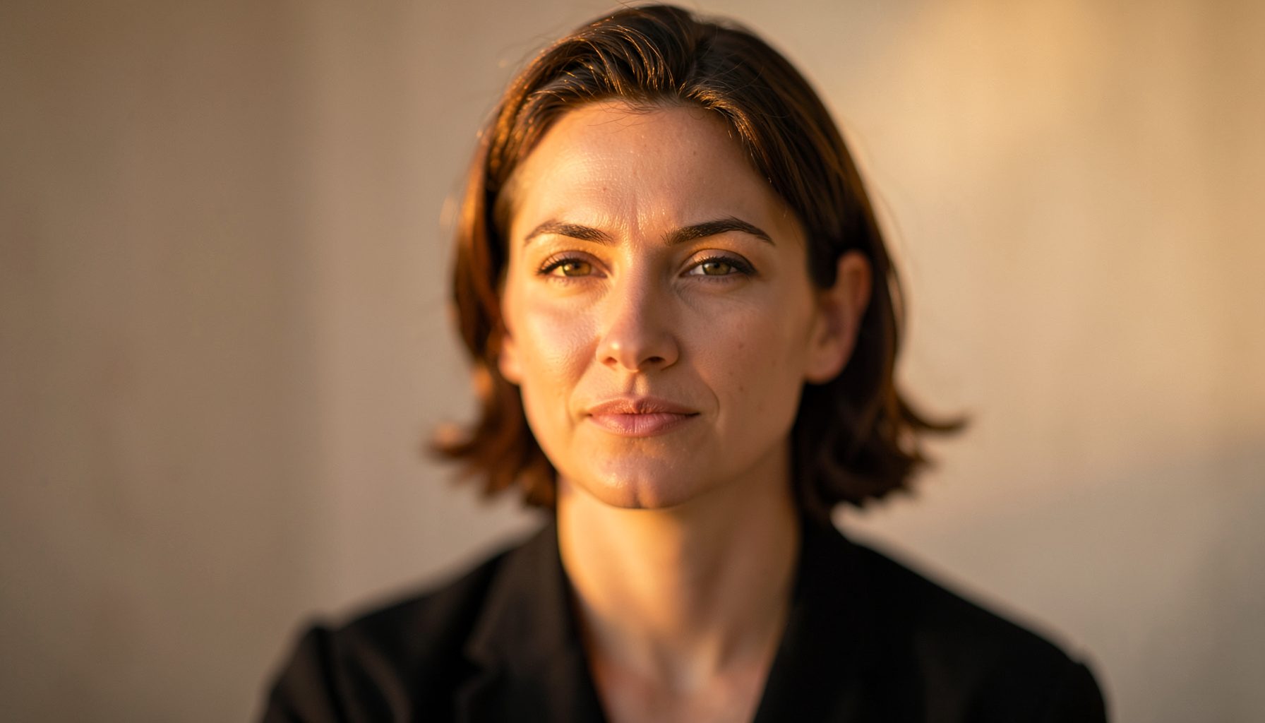 Soft-focus portrait setting with warm golden-hour light and neutral backdrop