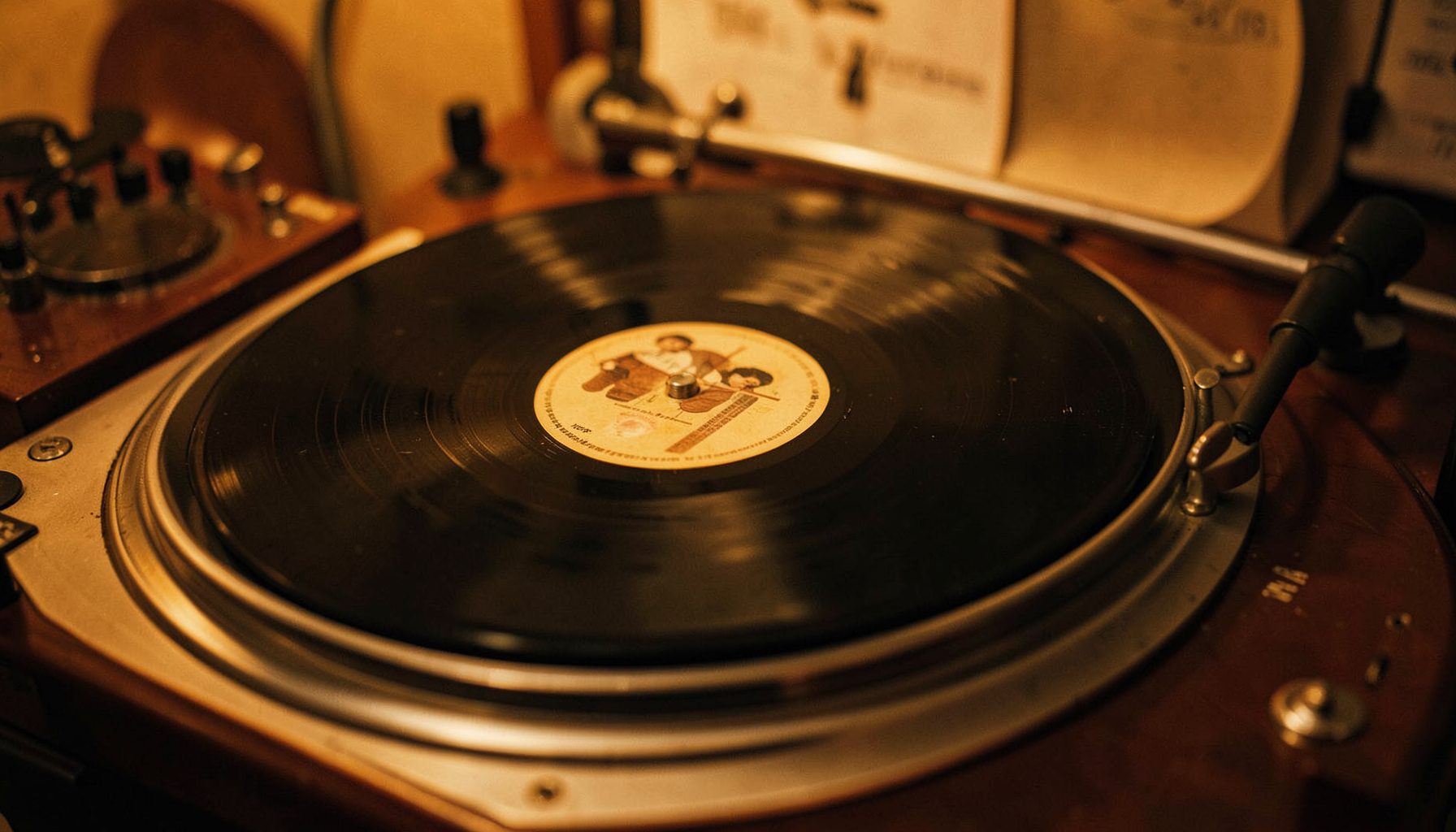 Vintage vinyl record on a turntable with warm amber lighting, nostalgic music mood